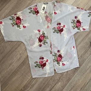 Feitong‎ Large Kimono Cover Top Light Blue Floral 1/2 Sleeve